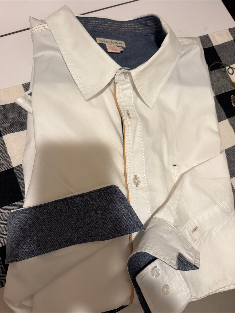 Carbon2Cobalt White Button-Up Shirt with Denim Trim MENS